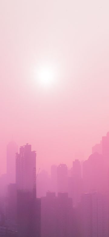 Cityscape, Urban, Pink, Foggy, Sunrise, Skyscrapers, 5K