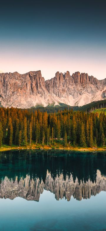 Karersee Lake, Sunset, 5K, Dolomites, Lago di Carezza, Alpine lake, Peaceful, Italy