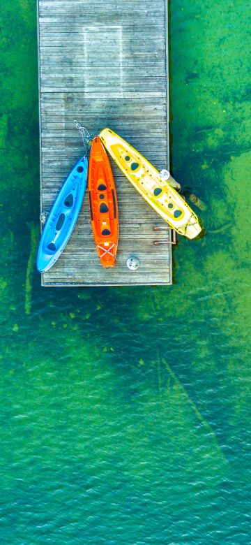 Wooden pier, Aerial view, Kayak boats, Lake, Drone photo