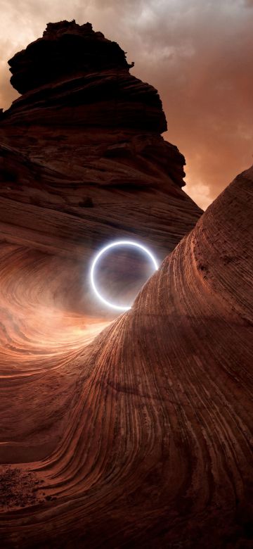 Circle light, Canyon, Illuminated, Sunset, Dusk, Rocks, 5K