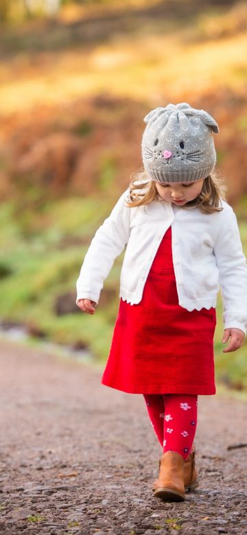 Cute Girl, Child, Adorable, Road, Red dress, Winter, Cold