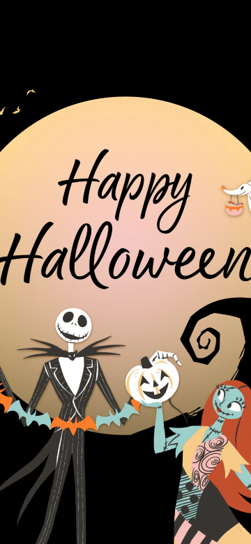 Happy Halloween, The Nightmare Before Christmas, 5K, AMOLED, Black background, Jack Skellington, Sally