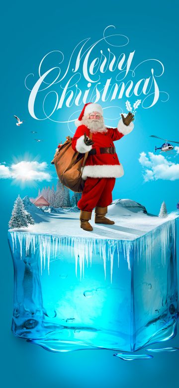 Santa Claus, Ice cube, 5K, Surreal, Aesthetic Cyan, Cyan background, Navidad, Noel