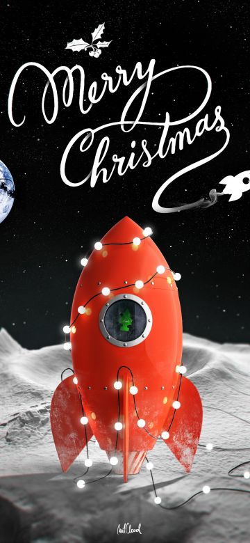 Merry Christmas, Rocket, Moon, Earth, Surreal, Navidad, Noel