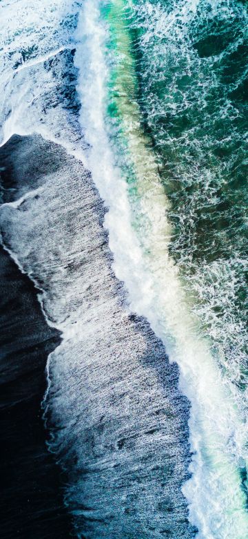 Reynisfjara Black Sand Beach, Waves, Aerial view, Ocean, Iceland