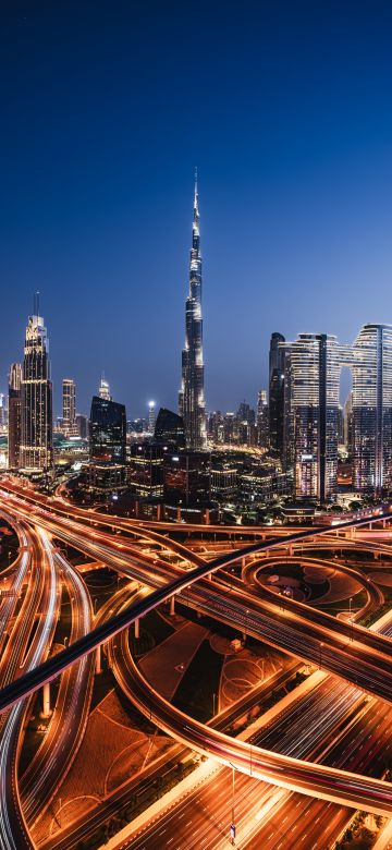 Downtown Dubai, Night lights, Burj Khalifa, Skyscrapers, Cityscape, City lights, Sheikh Zayed Road, Intersection