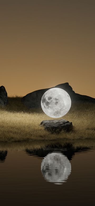 Full moon, Landscape, Rocks, Body of Water, Reflection, Surreal, Brown aesthetic