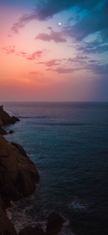 Sunset, Cliff, Seascape, Dawn, Moon, Seashore, Coastline, Red Sky