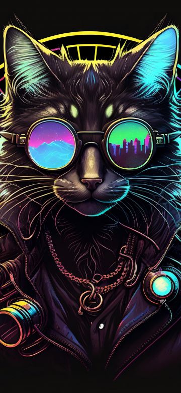 Cat, Midjourney, AI art, Leather jacket, Dark background, Digital Art, Sunglasses