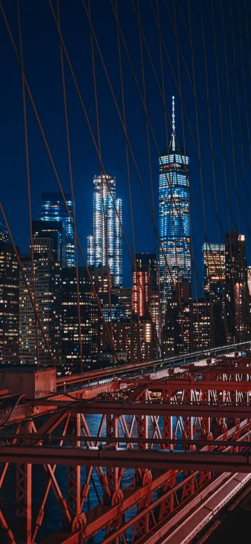 Brooklyn Bridge, 5K, Manhattan, New York City, Cityscape, City lights, Night, Urban