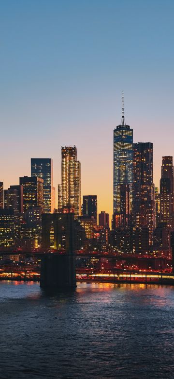 Manhattan, 5K, New York City, Manhattan Bridge, Cityscape, Sunset, Urban, Evening, City lights