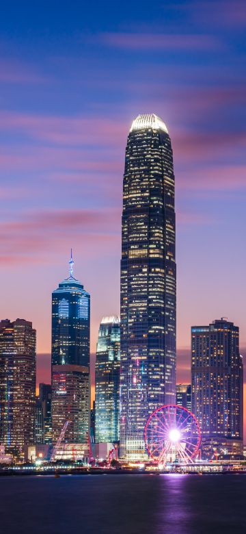 Hong Kong City, Sunset, IFC mall, Dusk, Skyline, Skyscrapers, Victoria Harbour, Blue hour, City lights, Cityscape