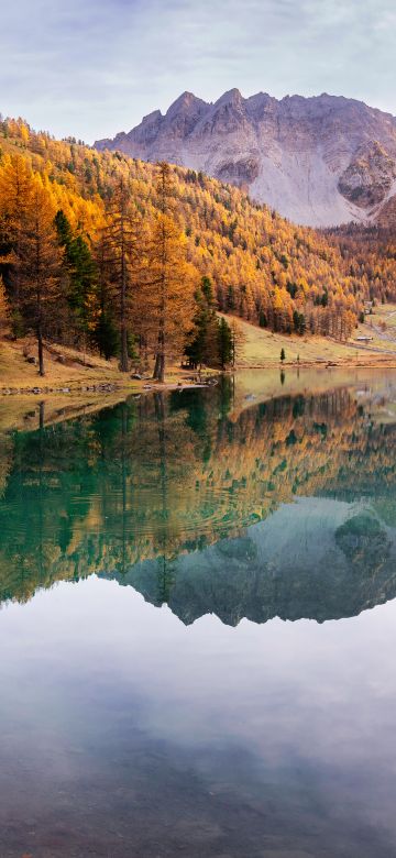 Orceyrette Lake, France, Scenery, Outdoor, Autumn background, Fall, 5K, 8K, Wooden pier