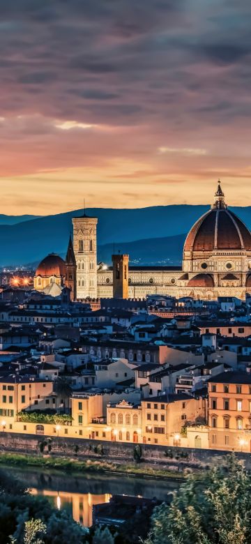 Florence Cathedral, Italy, Sunset, Night lights, Cityscape, Church, Historical landmark