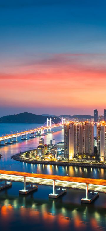 Busan, Gwangan Bridge, City lights, Sunset, Harbor, Red Sky, Metropolitan, Urban, South Korea, 5K