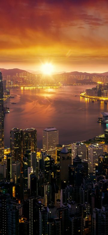 Hong Kong, Sunrise, Cityscape, City lights, Skyline, 5K