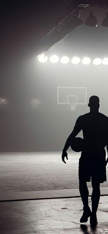 Basketball player, Silhouette, Basketball court, Basketball backboard, Indoor, Alone