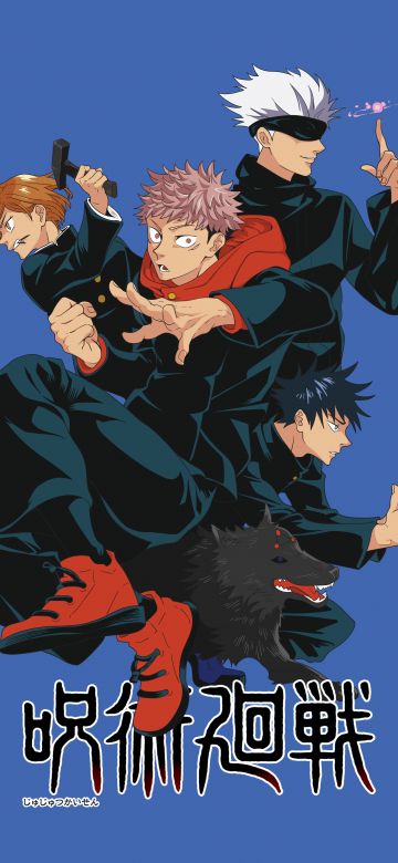 Jujutsu Kaisen, Characters, Satoru Gojo, Yuji Itadori, Megumi Fushiguro, 5K, 8K, Blue background