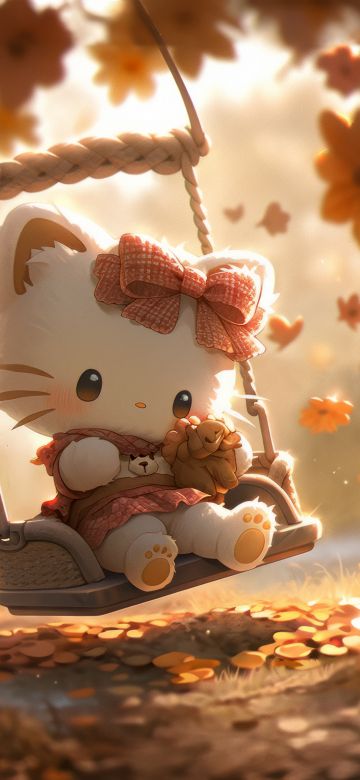 Hello Kitty, Autumn background, 5K, 8K, Adorable, Swing, Surreal, Aesthetic