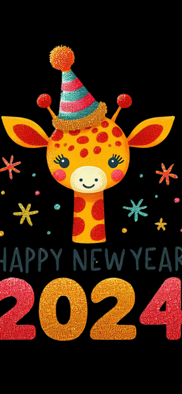 Happy New Year 2024, Giraffe, Cute art, AI art, Black background, AMOLED, 5K, 8K