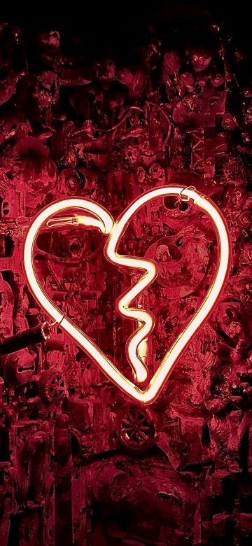 Broken heart, Neon sign, Shattered, Vintage, Glowing, 5K, Heartbreak, Sadness, Dark red