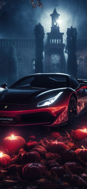 Ferrari, Sports car, Halloween background, Pumpkins, 5K, Darkness, Castle