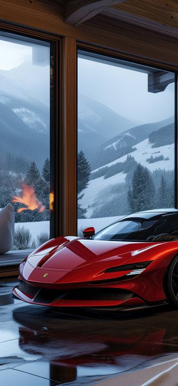 Ferrari SF90 Stradale, Cozy, Aesthetic interior, Winter, 5K, Fireplace