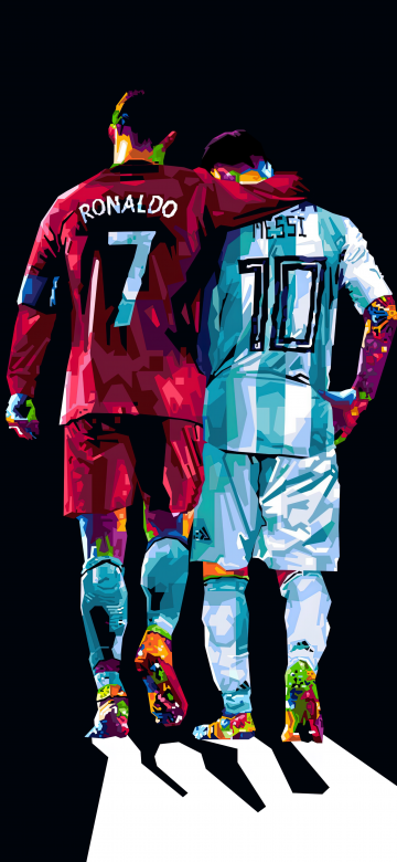 Cristiano Ronaldo, Lionel Messi, Pop Art, Dark background, 5K, 8K