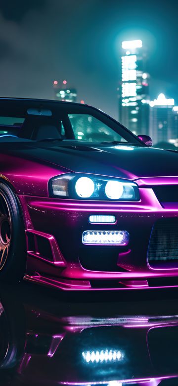 Nissan Skyline GT-R R34, AI art, Purple aesthetic, 5K