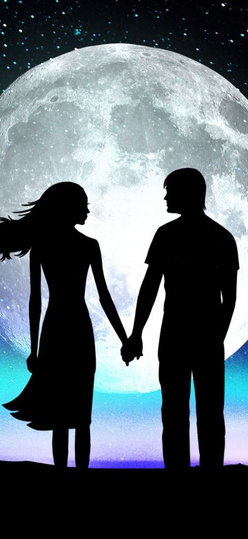 Love couple, Hands together, Dreamlike, Silhouette, Moon, Surrealism, Dark theme, Starry sky, 5K