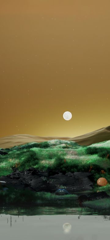 Dreamlike, Full moon, Landscape, Surrealism, Green Fields