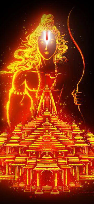 Ayodhya Ram Mandir, Glowing, Lord Rama, Hinduism, Hindu God, Black background, 5K, 8K, AMOLED, Jai Shri Ram, Digital Art