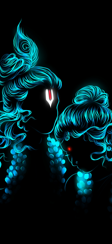 Radha Krishna, Digital Art, Glowing, Hindu God, Hinduism, Black background, 5K, AMOLED, Goddess Lakshmi