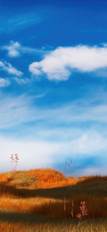 Grass field, Serene, Landscape, Blue Sky, 5K, Clouds