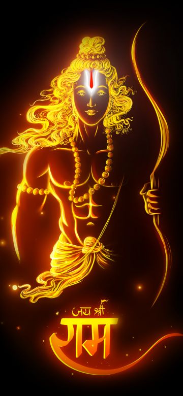 Jai Shri Ram, Hindu God, 8K, Lord Rama, Glowing, Hinduism, Black background, 5K, AMOLED, Digital Art