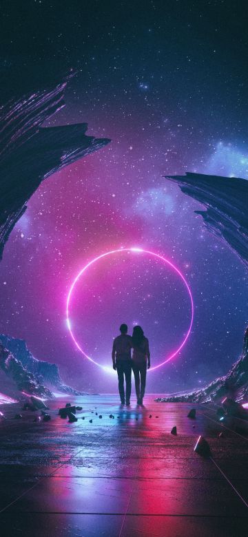 Couple, Neon, Destiny, Dream, Rocks, Starry sky, Pink, Together, Romantic