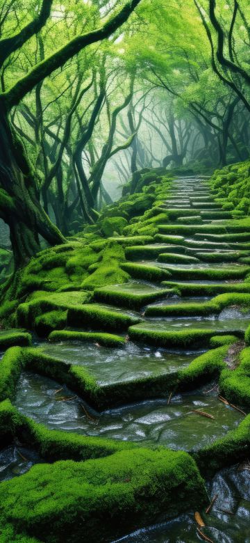 Thick forest, Green aesthetic, Path, Sunlight, Moss, 5K