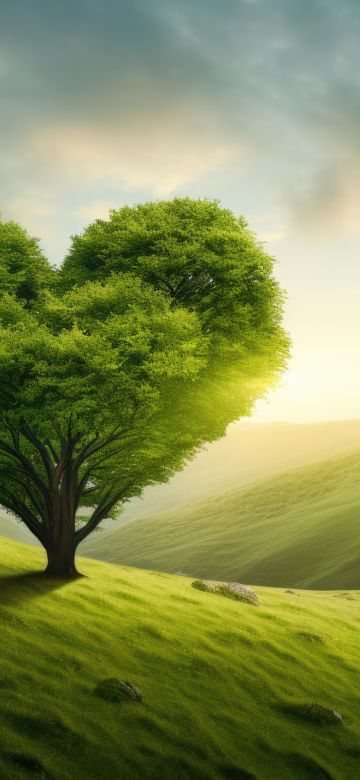 Love heart, Green Tree, Landscape, Aesthetic, AI art, Hill, Romantic, Surreal, 5K