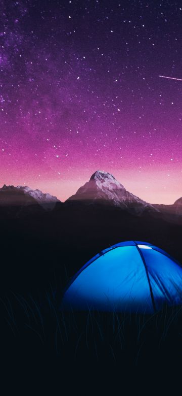 Mountains, Night, Purple sky, Dome tents, Tourists, Starry sky