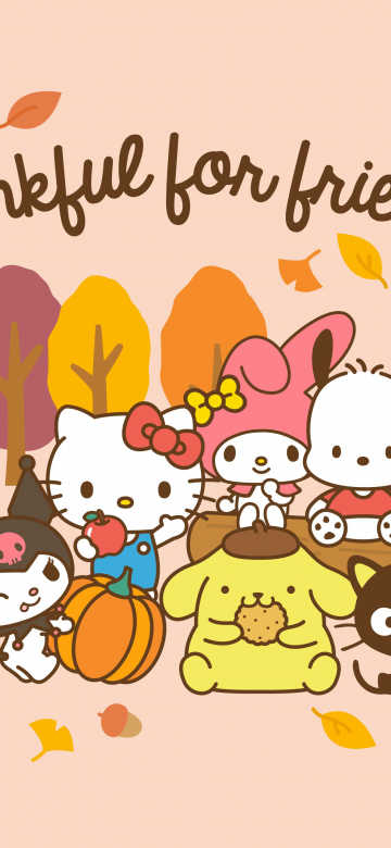 Thankful, Friends, Sanrio, Hello Kitty, Pochacco, Kuromi, Chococat, My Melody, Pompompurin, Cute cartoon, Autumn, Pastel background, 5K