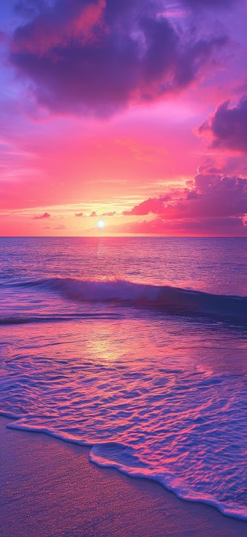 Tropical beach, Aesthetic, Sunset, Purple sky, Palm trees, Calm, 5K