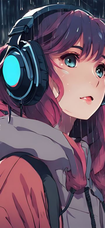 Lofi girl, AI art, Listening music, Headphones, 5K, Raining