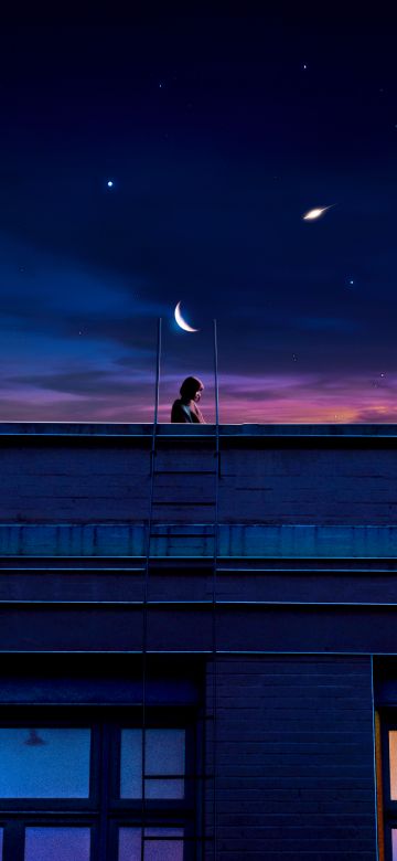 Lofi girl, Illustration, 5K, Crescent Moon, Sad girl