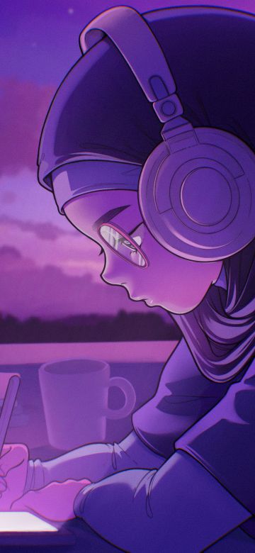 Lofi girl, Listening music, Purple aesthetic, Night, 5K, Headphones