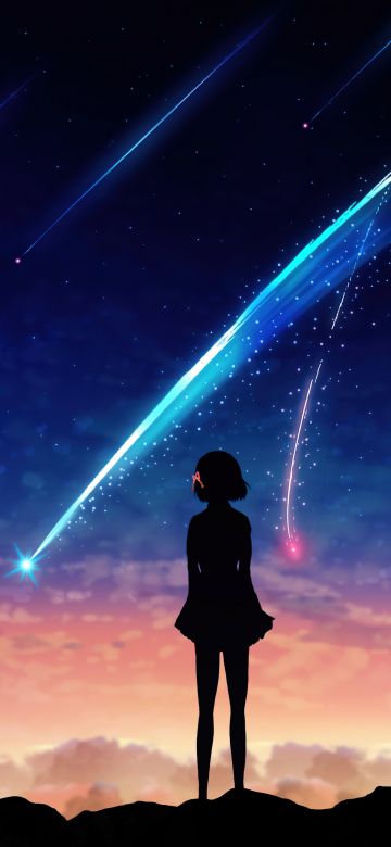 Mitsuha Miyamizu, Silhouette, Lofi, Your Name, Kimi no Na wa, 5K, Comet Tiamat, Celestial, Shooting stars