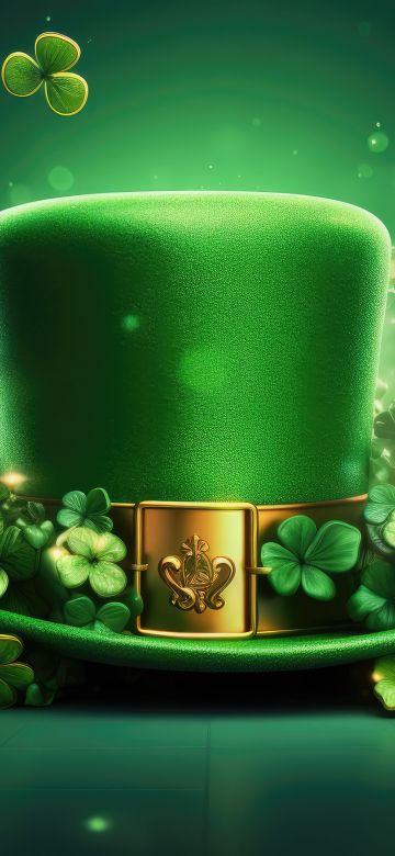 Irish, Leprechaun cap, St. Patrick's Day, Illustration, Shamrock, Clover, Green leaves, Green aesthetic, AI art, 5K