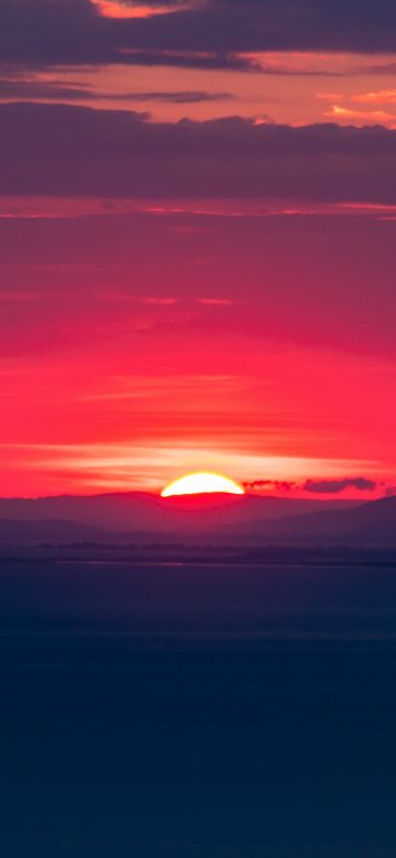 Sunset, Hills, Red Sky, Horizon, Dawn, 5K