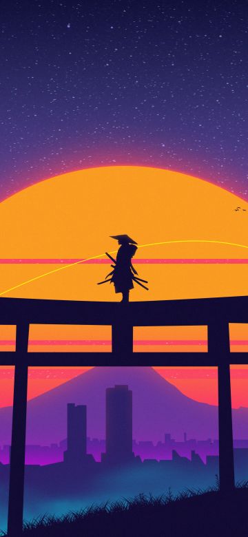 Samurai, Torii gate, Japanese, 5K, Sunset, Vaporwave, Digital art, Synthwave