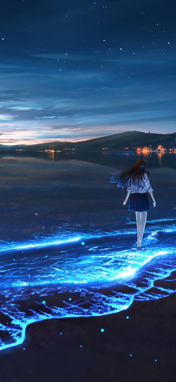 Bioluminescence, Anime girl, Alone, Sunset, Beach, Ocean, 5K