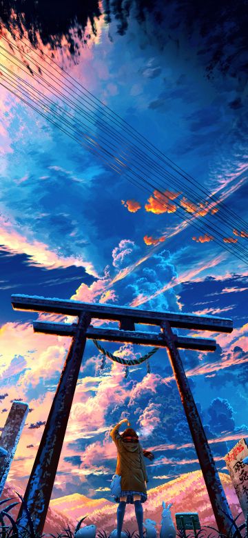 Torii gate, Japanese architecture, 5K, Anime girl, Original, Shuu Illust